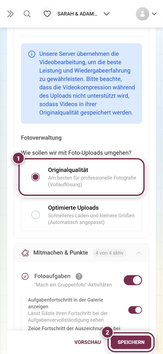 Fotoverwaltung mit markierter Option Originalqualität und markierter Speicherleiste