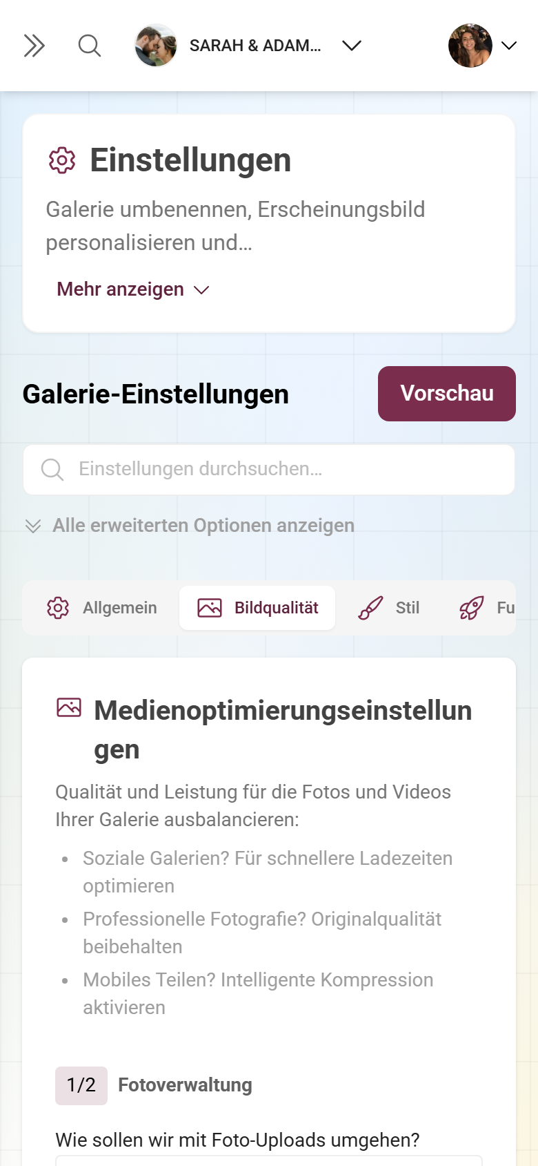 Tab Bildqualität mit Fotoverwaltung und Videoverwaltung