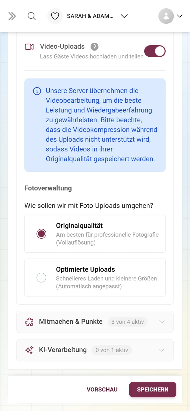 Faltbereich Medien und Upload mit dem Schalter für Video-Uploads