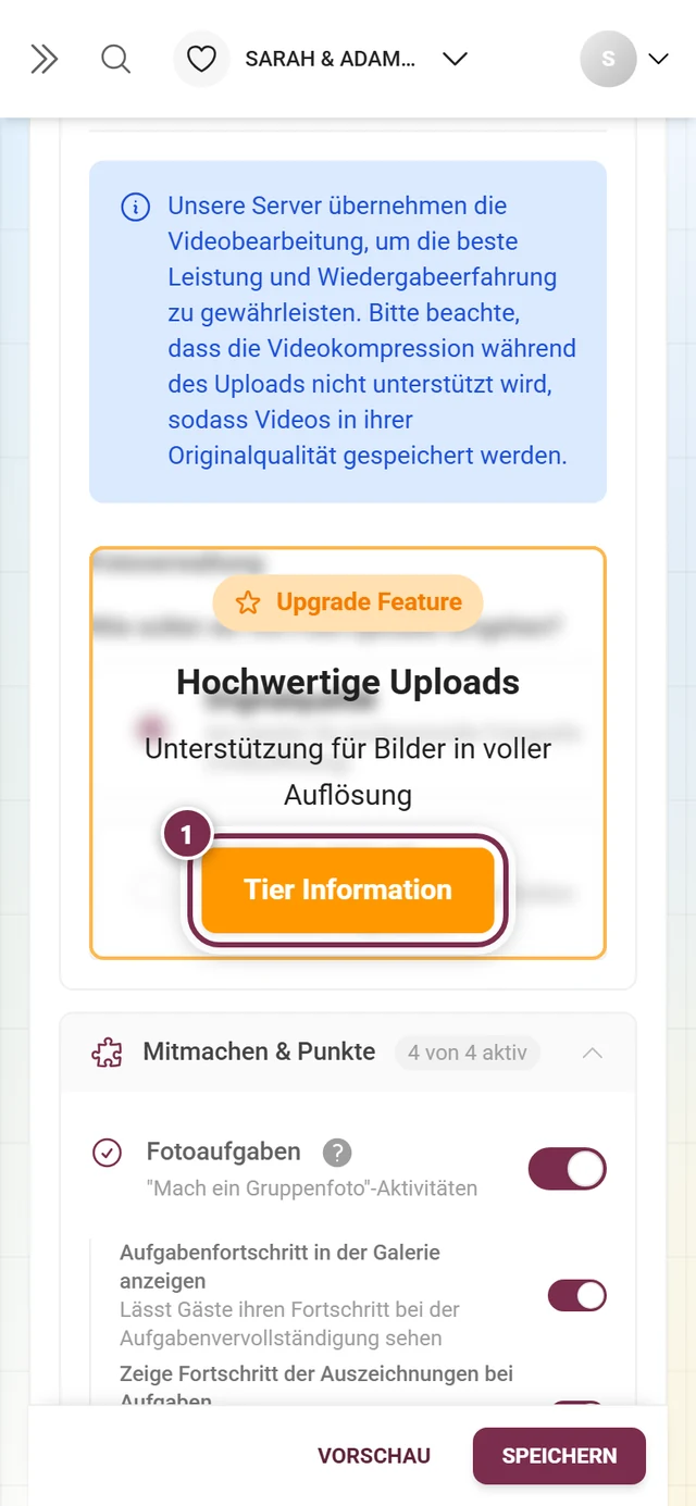 Block Fotoverwaltung von einem orangefarbenen Upgrade-Hinweis überdeckt, der Knopf ist markiert