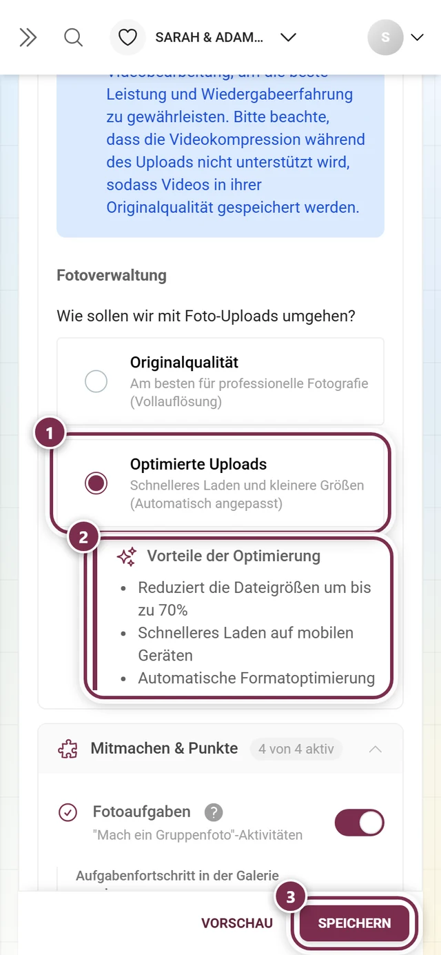 Optimierte Uploads gewählt, darunter der eingeblendete Kasten Vorteile der Optimierung, unten die Speicherleiste