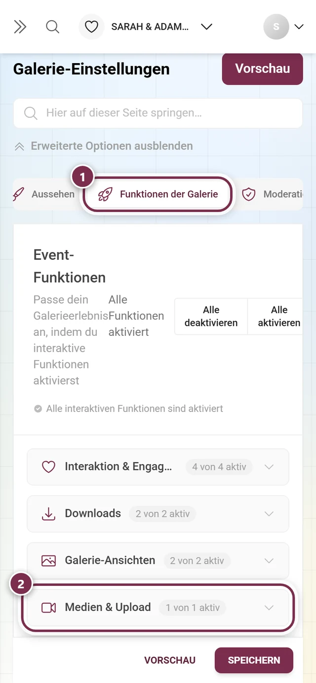 Reiter Funktionen der Galerie markiert, darunter der markierte Faltbereich Medien und Upload