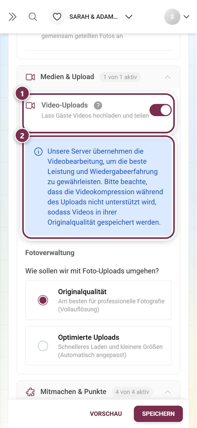 Video-Uploads-Schalter und darunter der blaue Hinweis zur Videobearbeitung, beide markiert