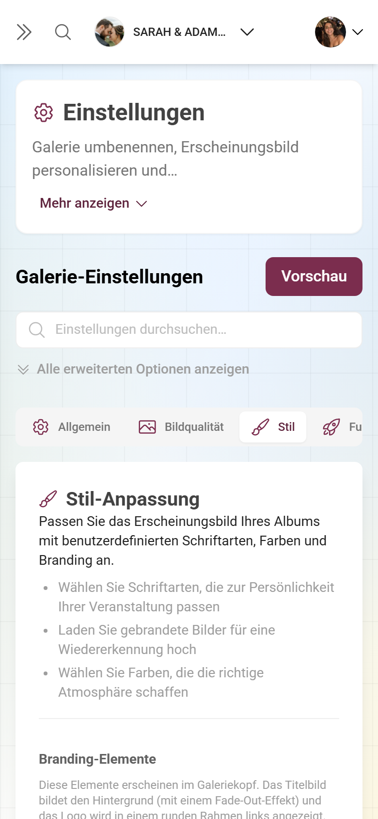 Einstellungen für das Aussehen mit Logo, Farben und Coverbild