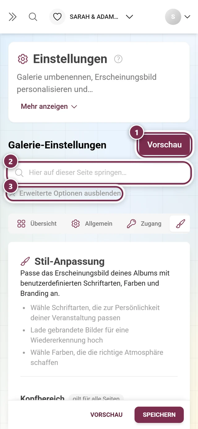 Einstellungen für das Aussehen mit Logo, Farben und Coverbild
