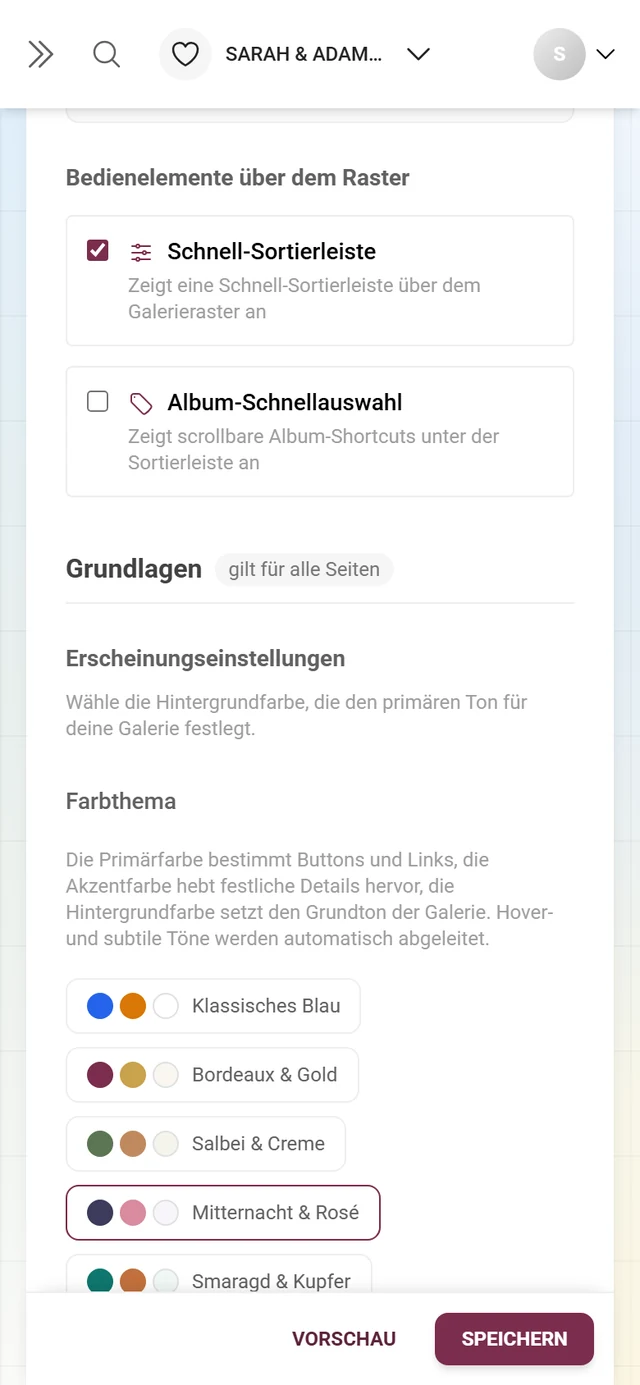 Block Erscheinungseinstellungen mit sechs Farbpaletten sowie Primär- und Akzentfarbe