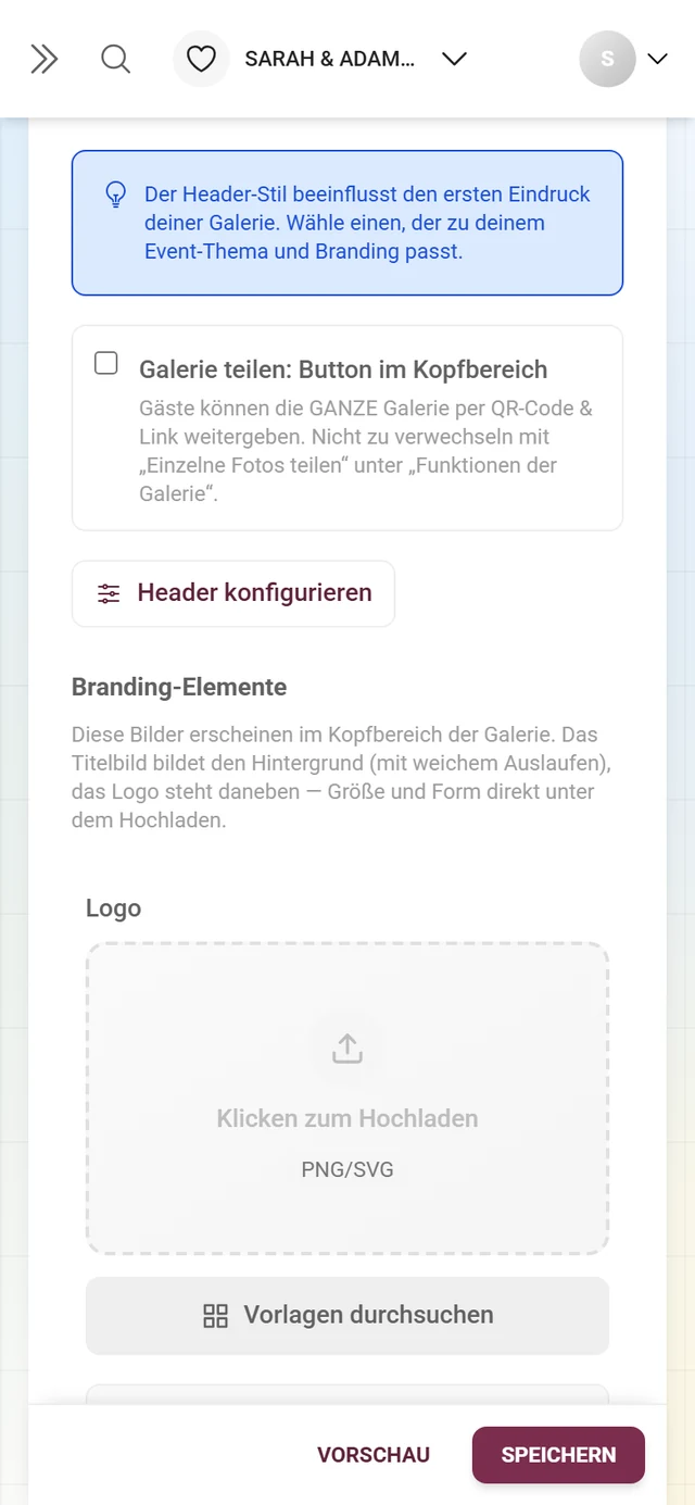 Kästchen Galerie teilen, Knopf Header konfigurieren und die leeren Upload-Felder Logo und Titelbild