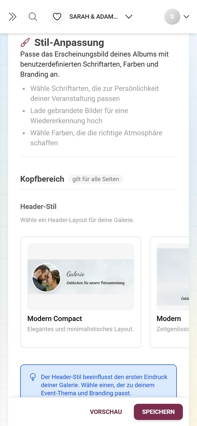 Block Header-Stil mit den Vorschaukarten Modern Compact, Modern, Polaroid und Minimalistisch