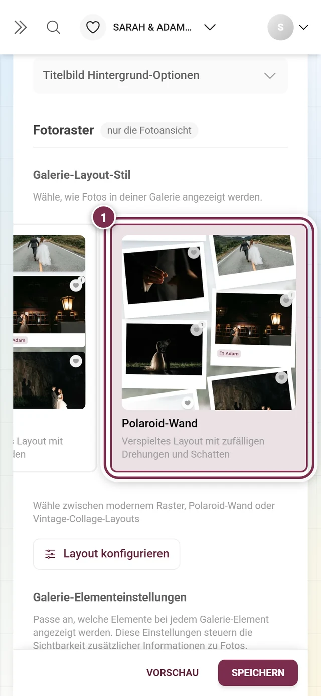 Layout-Auswahl der Galerie mit hervorgehobener aktiver Kachel