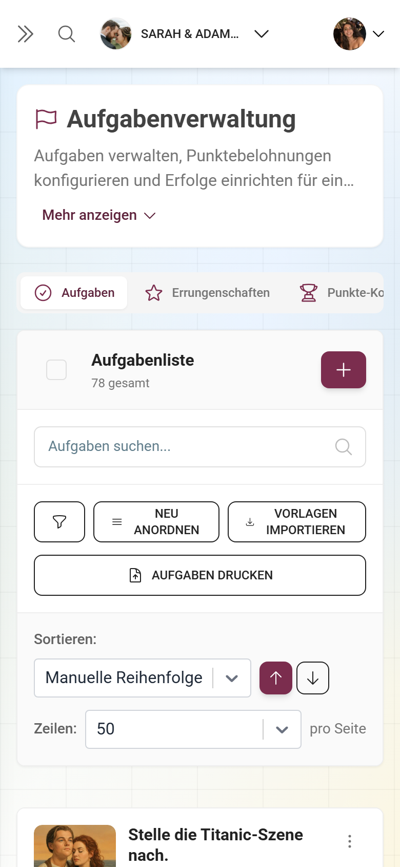 Challenge-Manager mit Tabs für Challenges, Achievements und Punkte