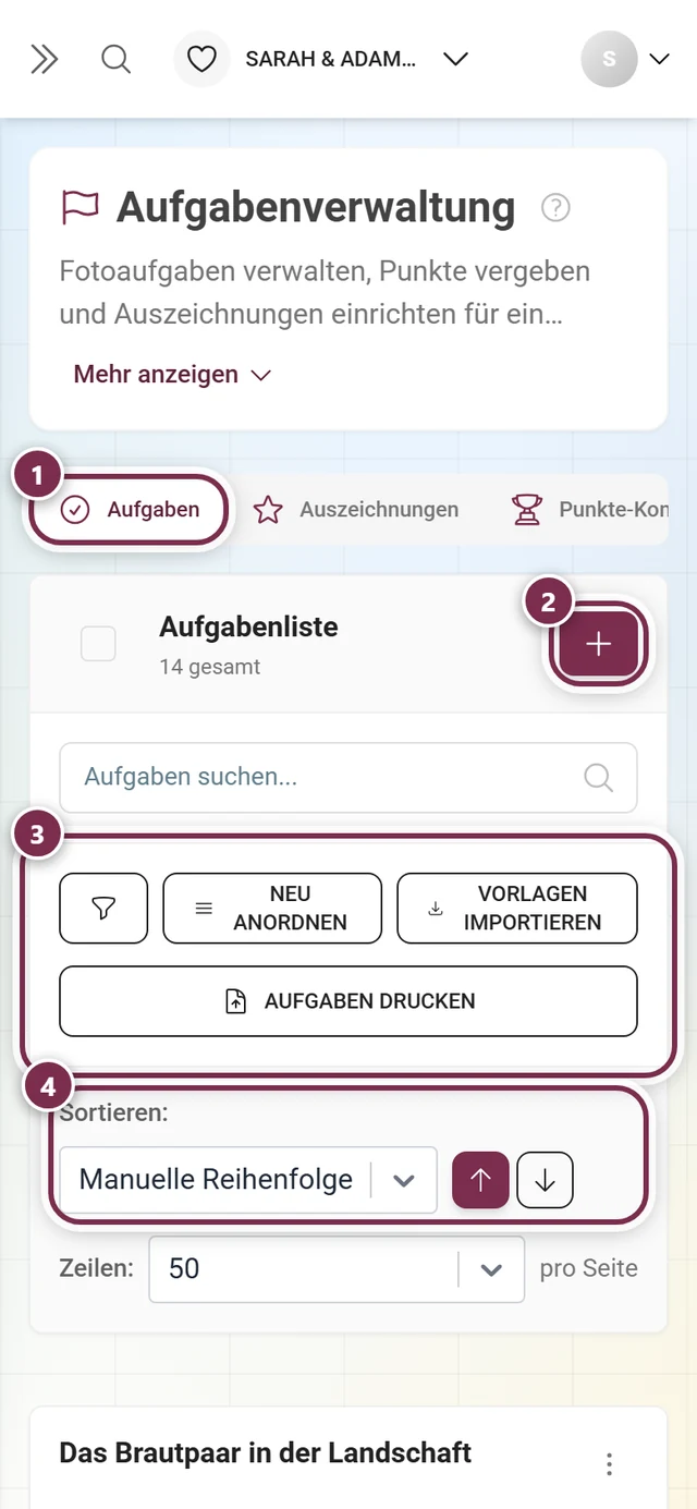 Aufgabenverwaltung im Reiter Aufgaben mit markierter Reiterleiste, Erstellen-Knopf, Werkzeugleiste und Sortierzeile