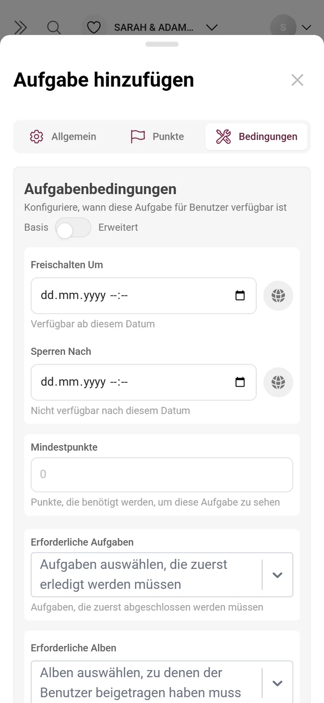 Reiter Bedingungen im Aufgaben-Editor mit den Umschaltern Basis und Erweitert