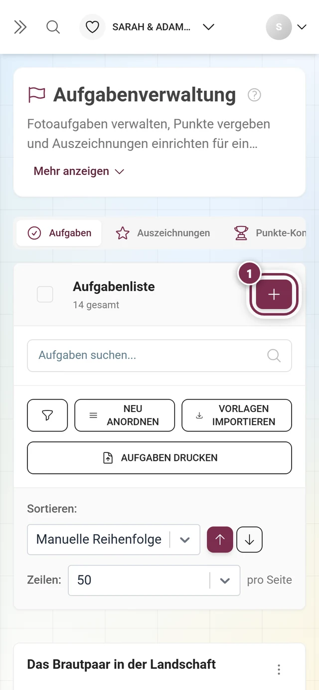 Aufgabenverwaltung mit rot markiertem Knopf Aufgabe erstellen rechts oben über der Werkzeugleiste