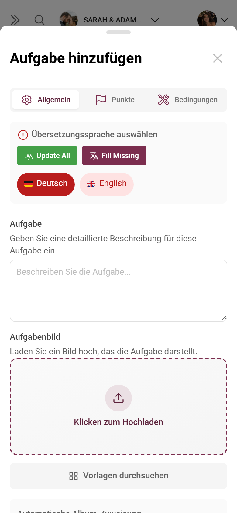 Aufgaben-Editor mit Feldern für Task, Referenzbild, Punkte und Typ