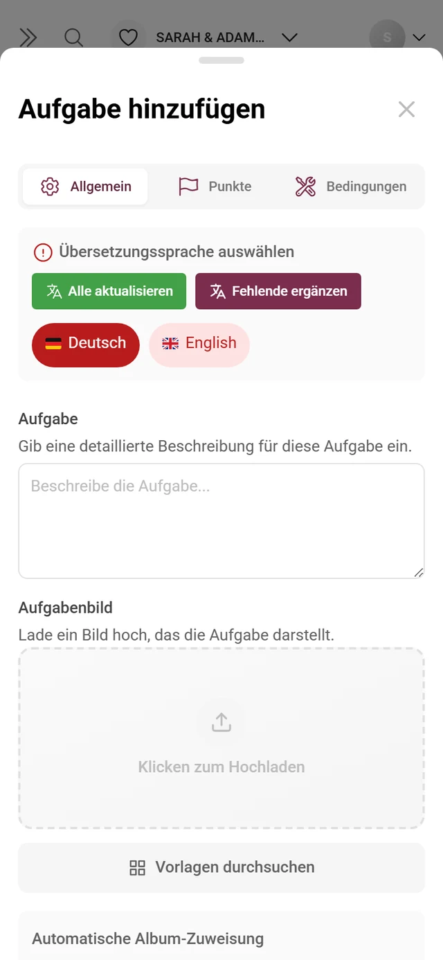 Aufgaben-Editor mit Feldern für Aufgabe, Referenzbild, Punkte und Sortierung