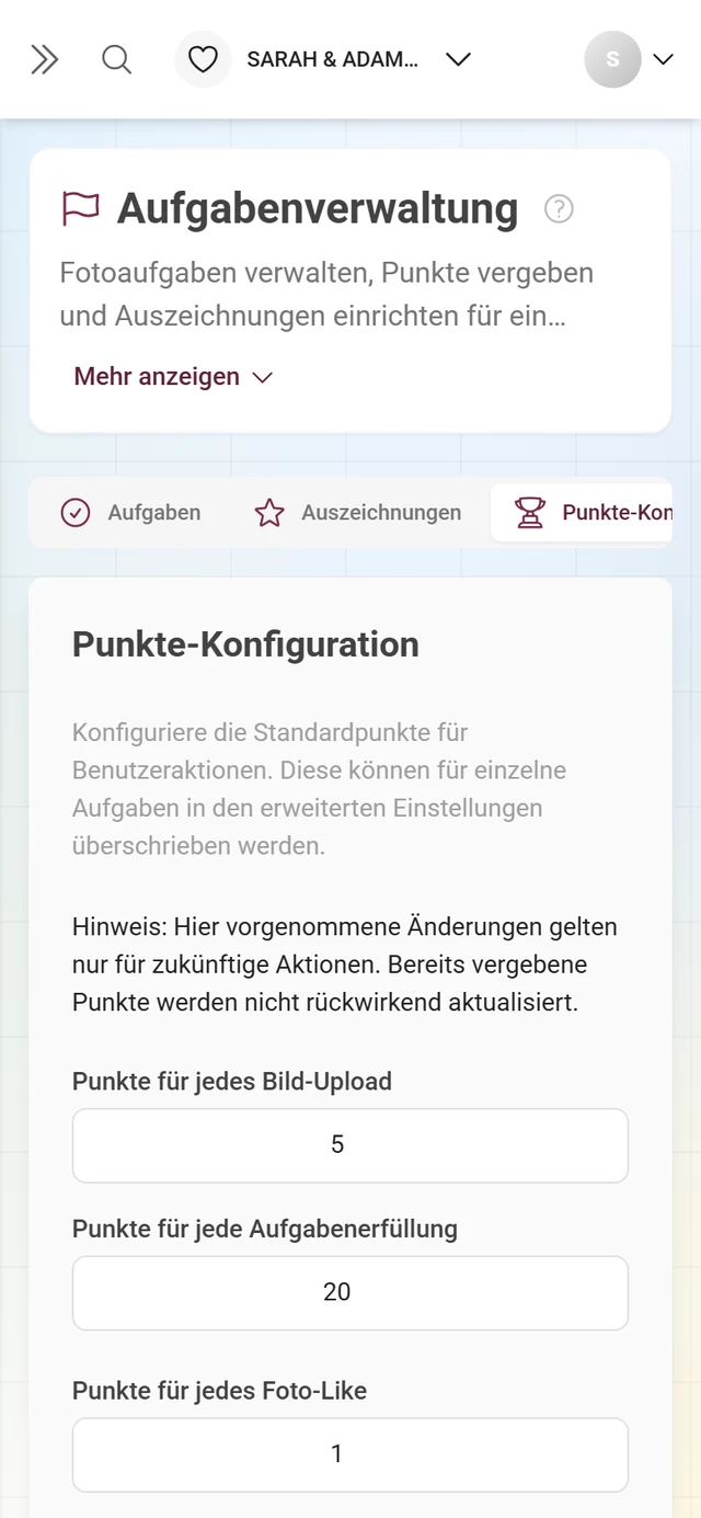 Reiter Punkte-Konfiguration mit den Punktwerten je Aktion