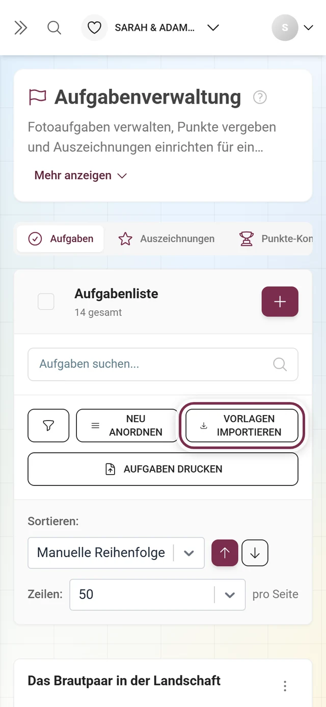 Werkzeugleiste der Aufgabenverwaltung mit rot markiertem Knopf Vorlagen importieren