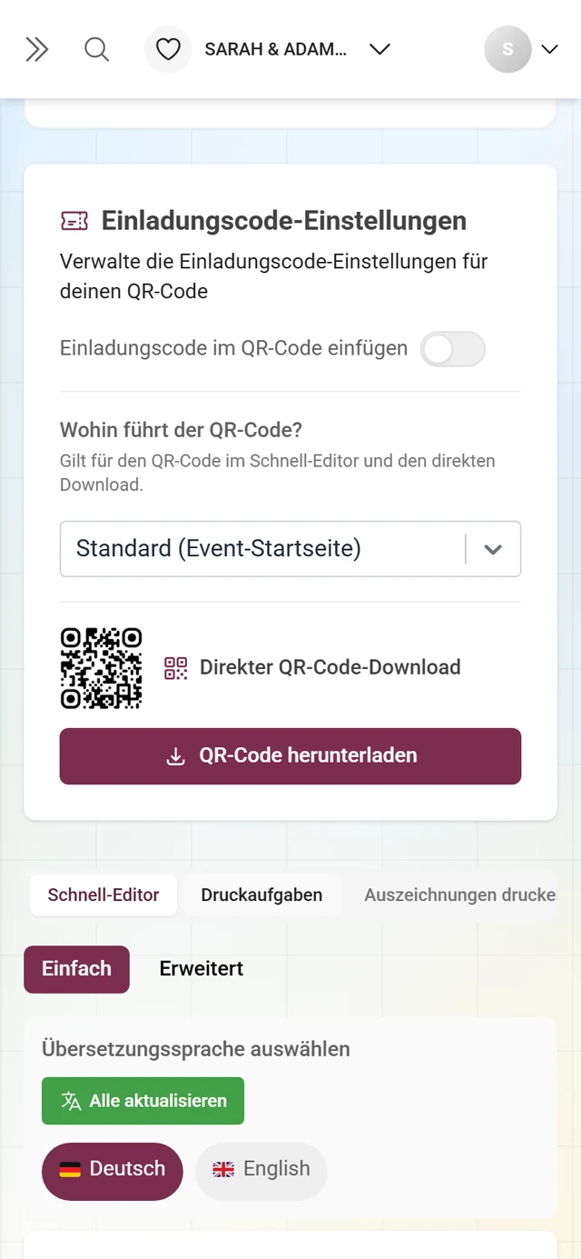 Druckvorlage mit QR-Code und eingedrucktem Einladungscode