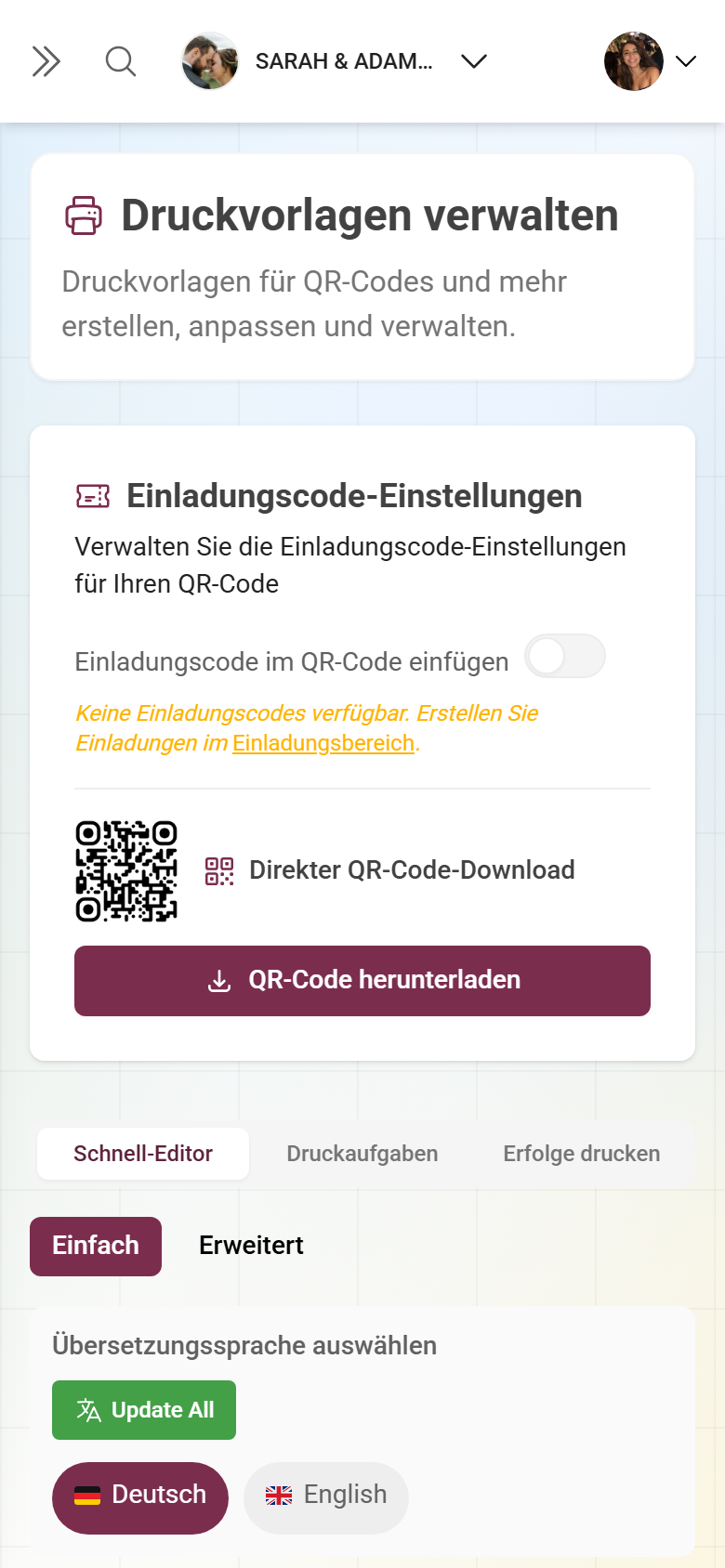 Design Studio mit QR-Karten und Druckvorlagen