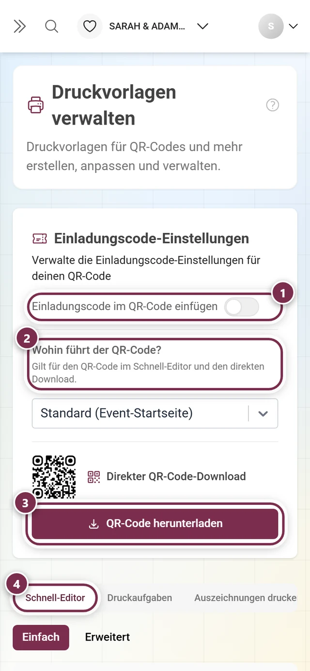 Seite Druckvorlagen mit markiertem Einladungscode-Schalter, QR-Ziel, Download-Knopf und Reitern