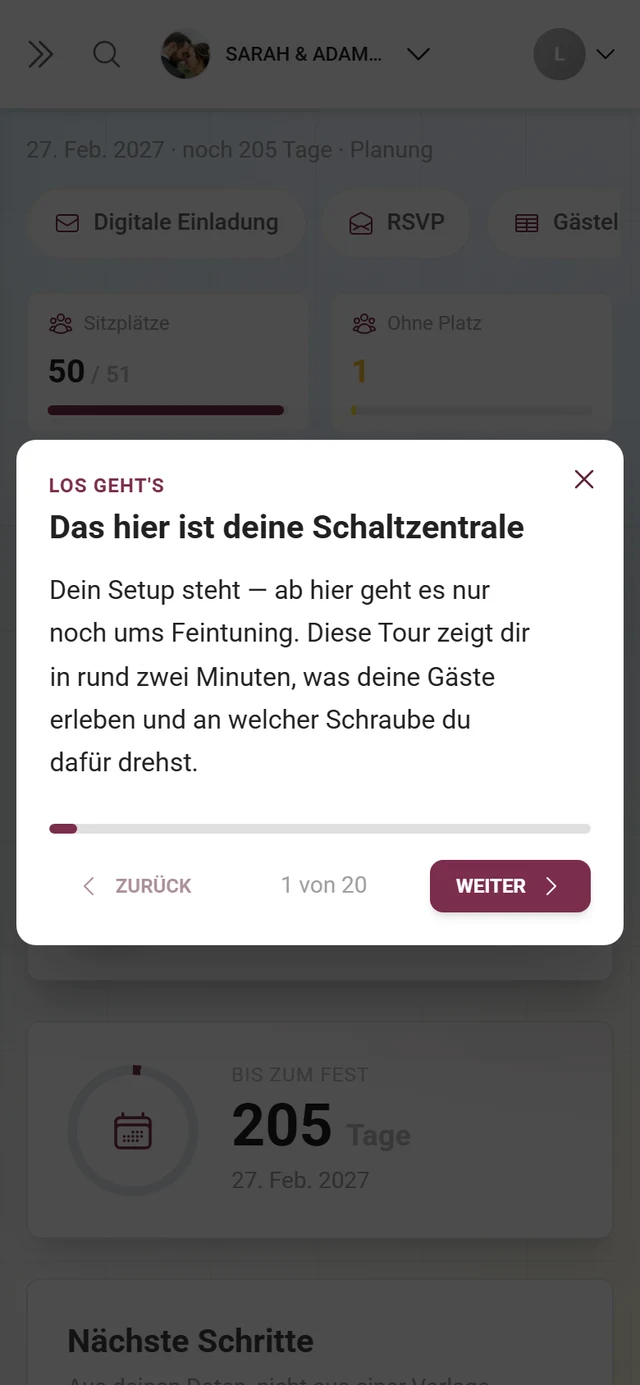 Ein Schritt der geführten Tour mit Kapitel-Zeile, Titel, Text und der Anzeige X von Y