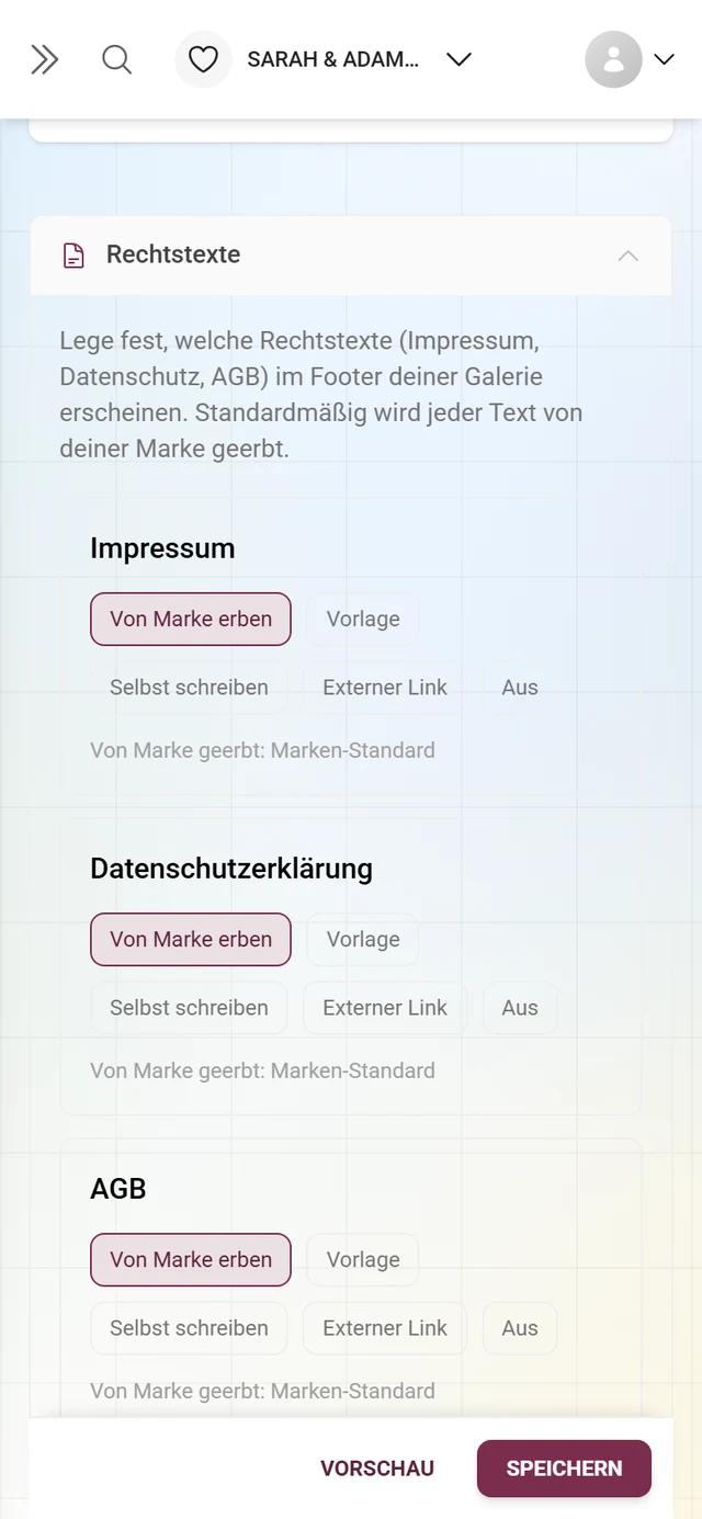 Aufgeklappter Bereich Rechtstexte im White-Label-Tab