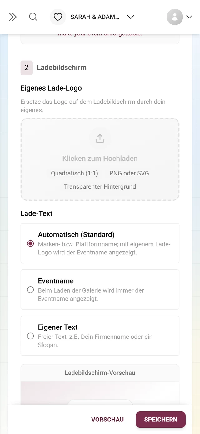 Block 2 Ladebildschirm mit Ablagefläche fürs Logo und den drei Optionen des Lade-Textes