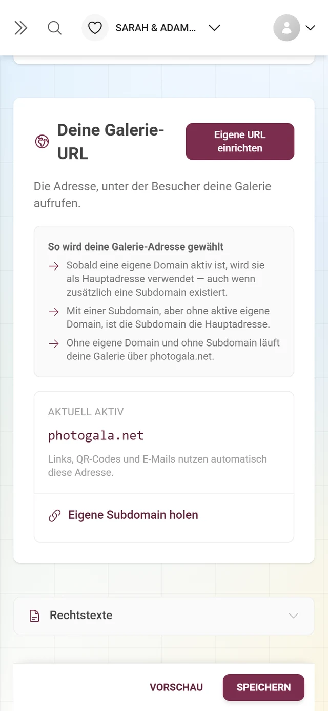 Bereich Deine Galerie-URL mit der aktuellen Adresse
