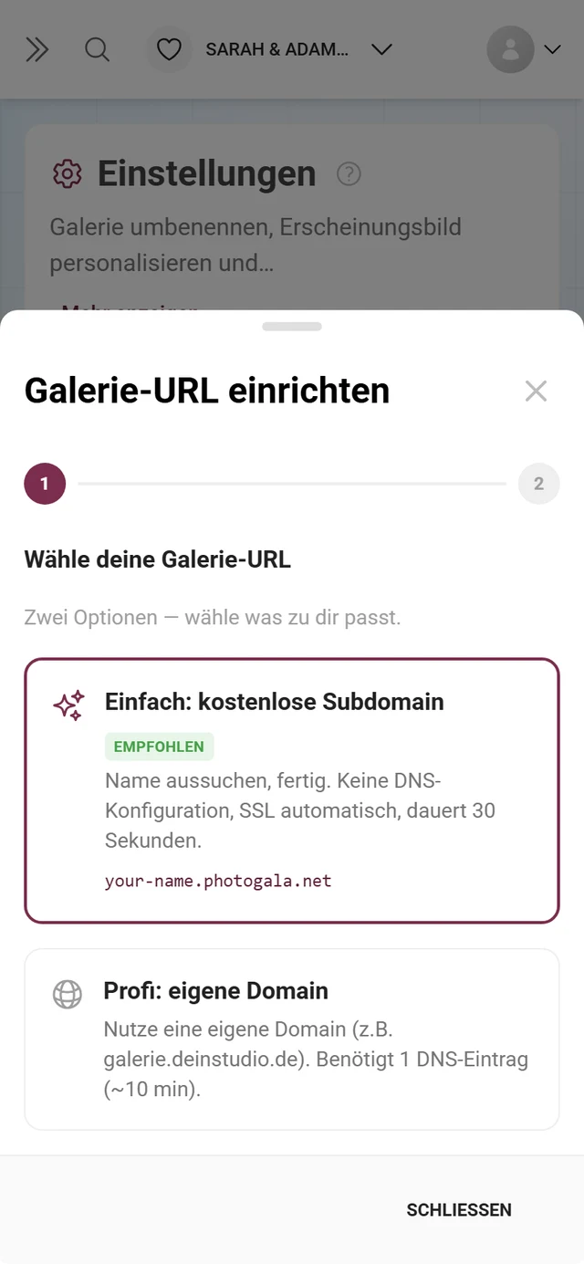 Assistent zum Einrichten einer eigenen Galerie-URL