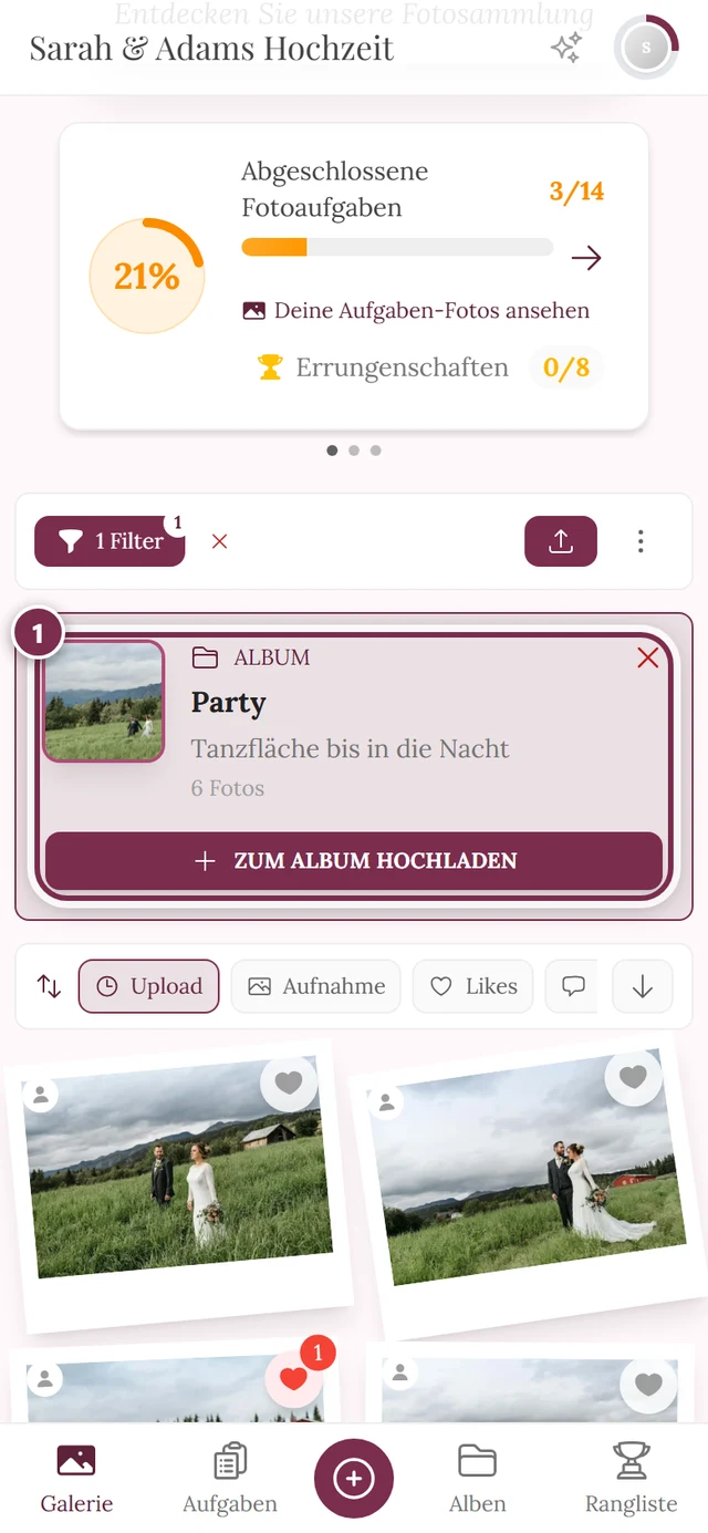 Galerie-Raster mit dem Kasten Aktive Filter und einem Album-Chip darüber