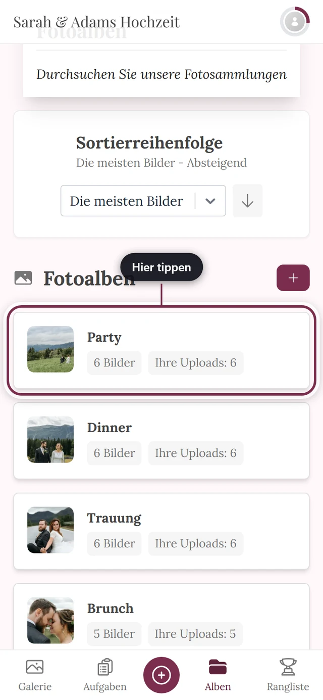 Album-Übersicht, die erste Album-Kachel mit Titelbild und Bilderzahl ist markiert
