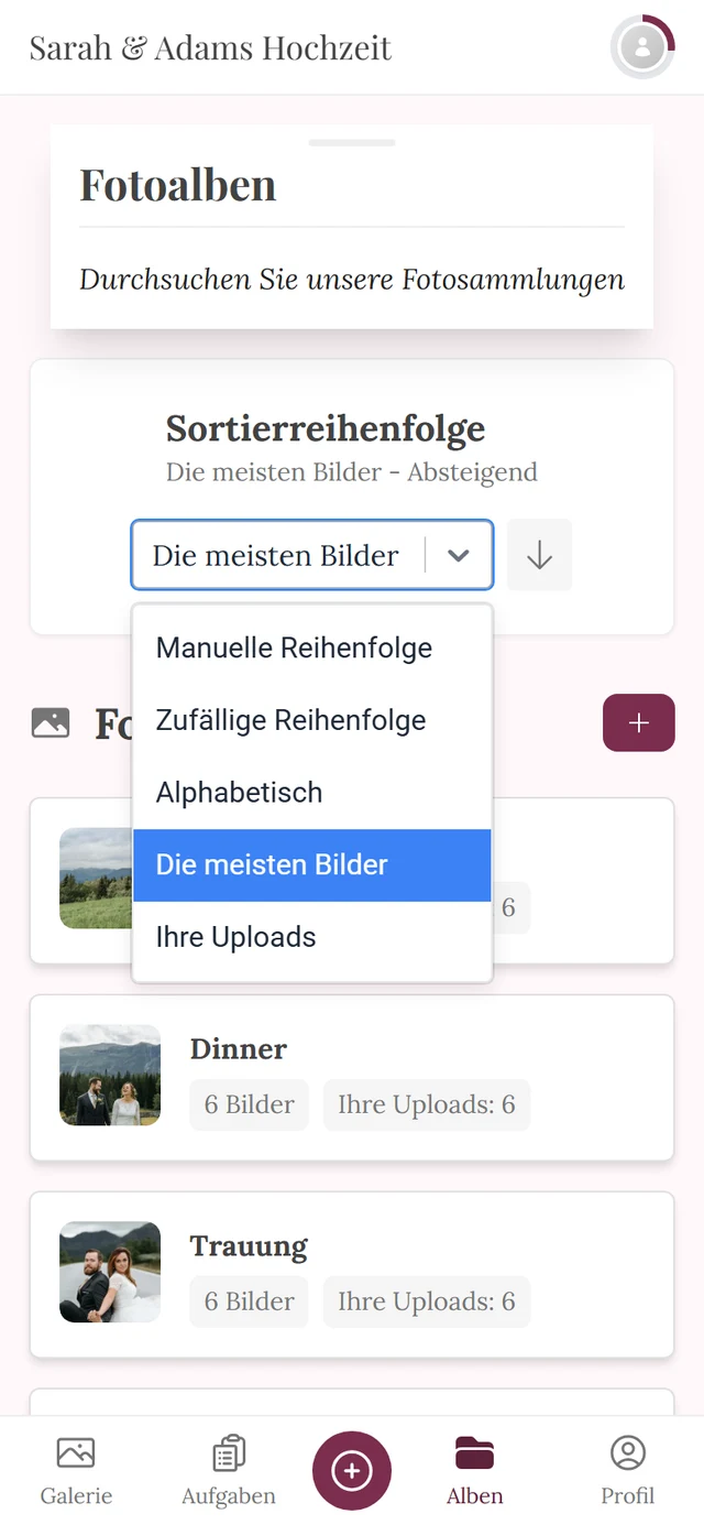 Geöffnetes Sortier-Dropdown mit den fünf Optionen