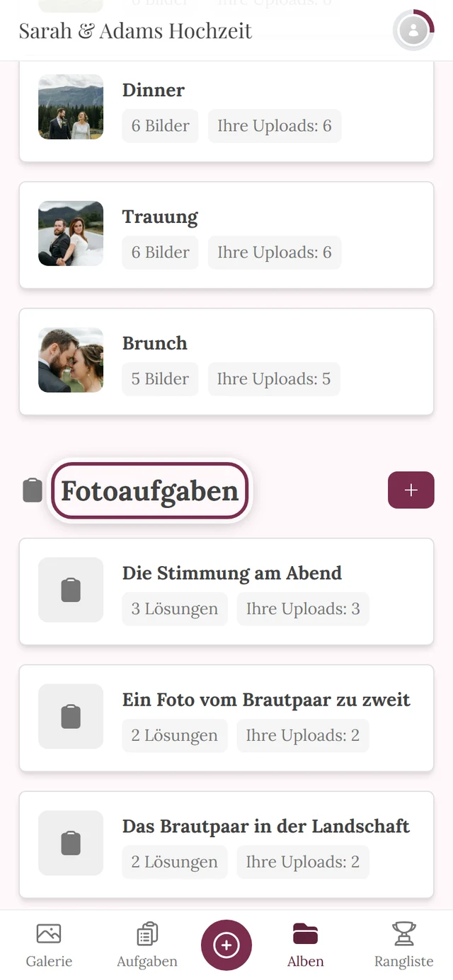 Album-Übersicht, gescrollt zum markierten Abschnitt Fotoaufgaben