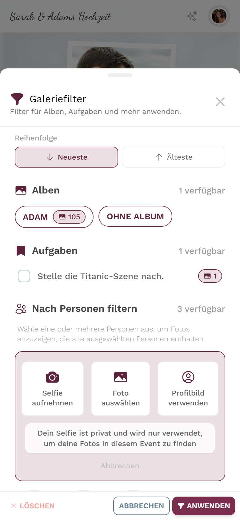 Finde-mich-Quellenauswahl mit drei Buttons und Datenschutz-Hinweis