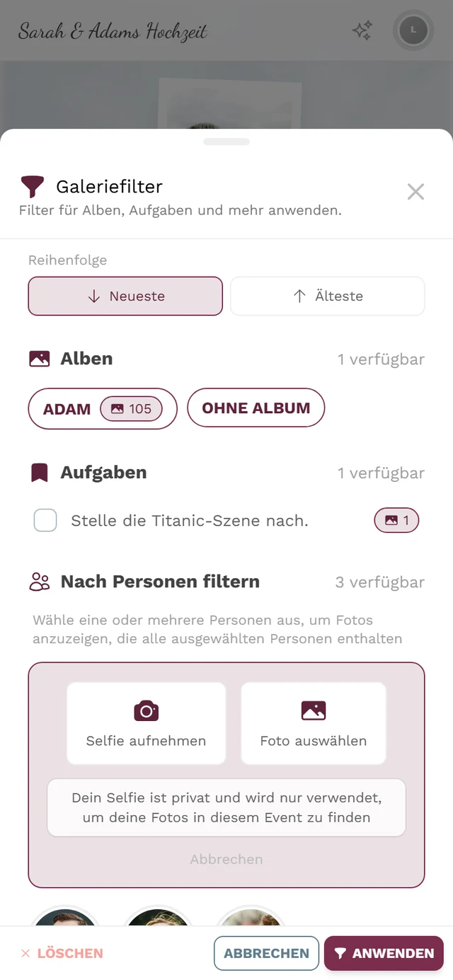 Finde-mich-Quellenauswahl mit den Knöpfen Selfie aufnehmen und Foto auswählen sowie dem Datenschutz-Hinweis