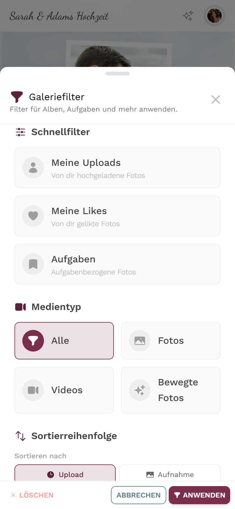 Geöffnetes Filter-Panel der Galerie