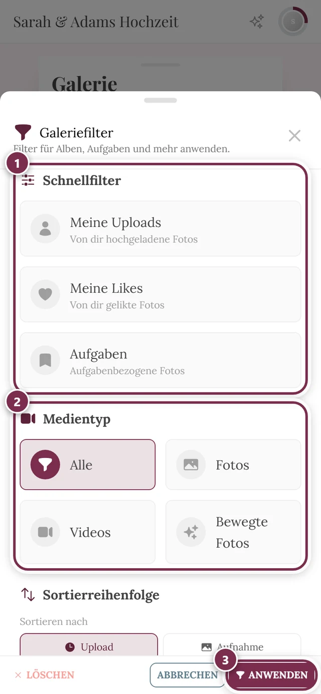Filter-Panel mit den Abschnitten Schnellfilter, Medientyp, Sortierreihenfolge und Alben