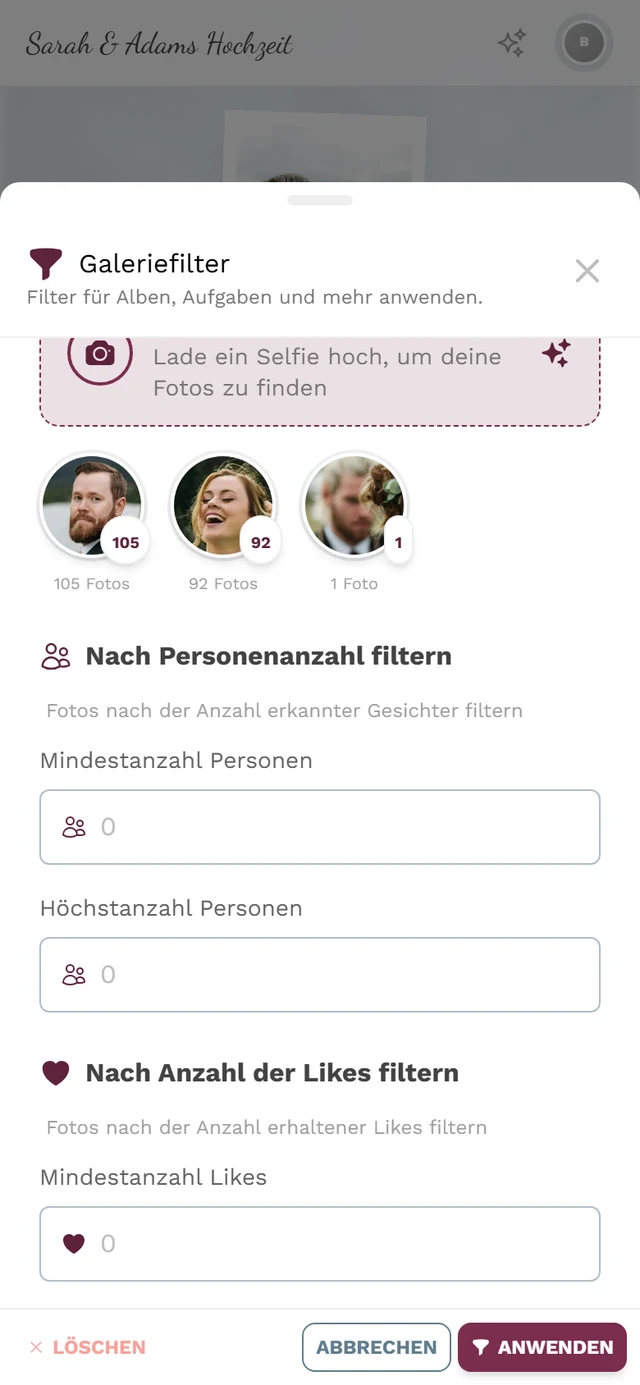 Filterbereich Nach Personenanzahl filtern mit den Feldern Mindestanzahl und Höchstanzahl Personen