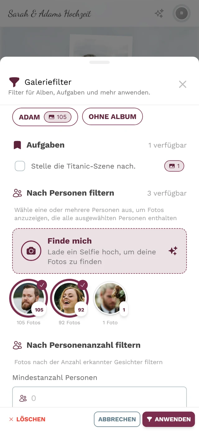 Personen-Kacheln im Galeriefilter, zwei davon mit Ring und Häkchen ausgewählt