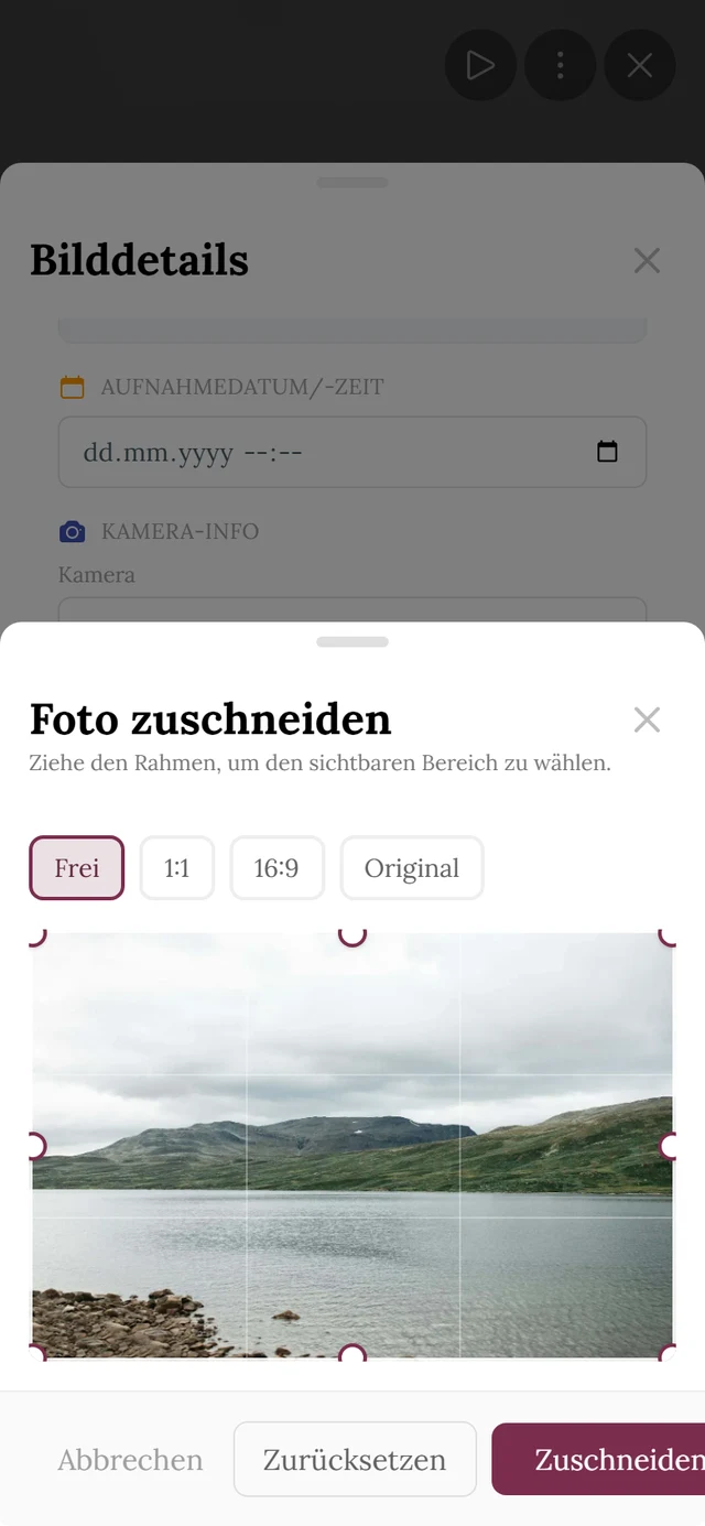Dialog Foto zuschneiden mit den Seitenverhältnissen Frei, 1:1, 16:9 und Original, dem Rahmen mit runden Eck-Anfassern und den Knöpfen Abbrechen, Zurücksetzen und Zuschneiden