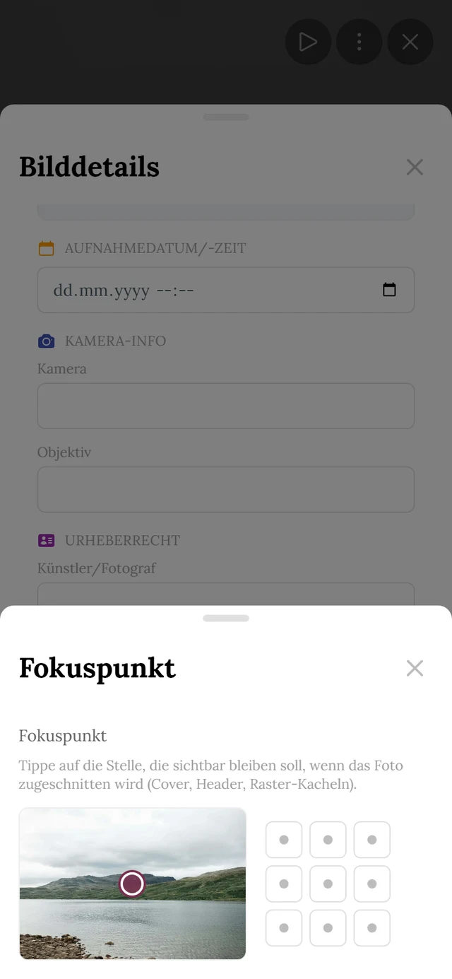 Popup Fokuspunkt mit Vorschaubild, Markierung und dem Raster aus neun Feldern