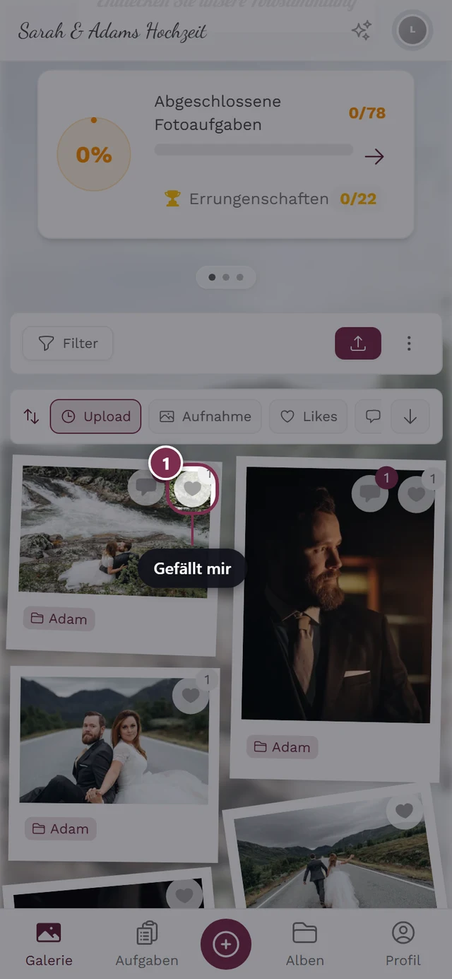 Herz-Symbol an einer Foto-Kachel hervorgehoben