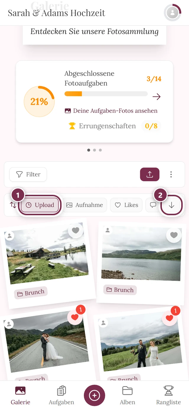 Sortierleiste über den Fotos, Sortierkriterium und Richtungsknopf markiert