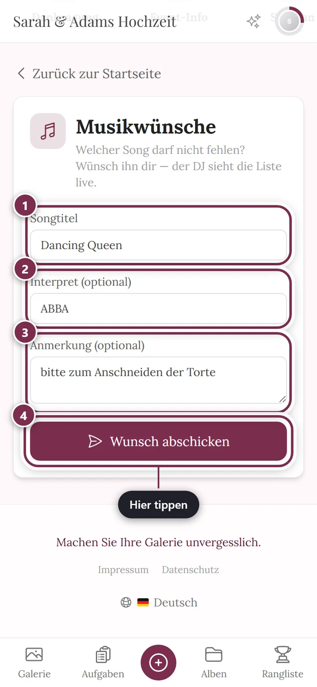 Ausgefülltes Formular mit Dancing Queen, ABBA und einer Anmerkung, darunter der Knopf Wunsch abschicken