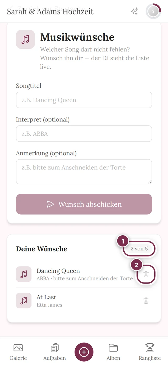 Abschnitt Deine Wünsche mit zwei Einträgen, dem Zähler 2 von 5 und den Papierkorb-Symbolen