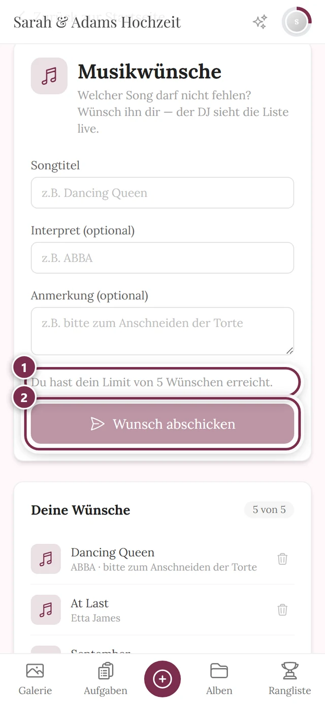 Formular mit grauem Knopf und dem Hinweis Du hast dein Limit von 5 Wünschen erreicht