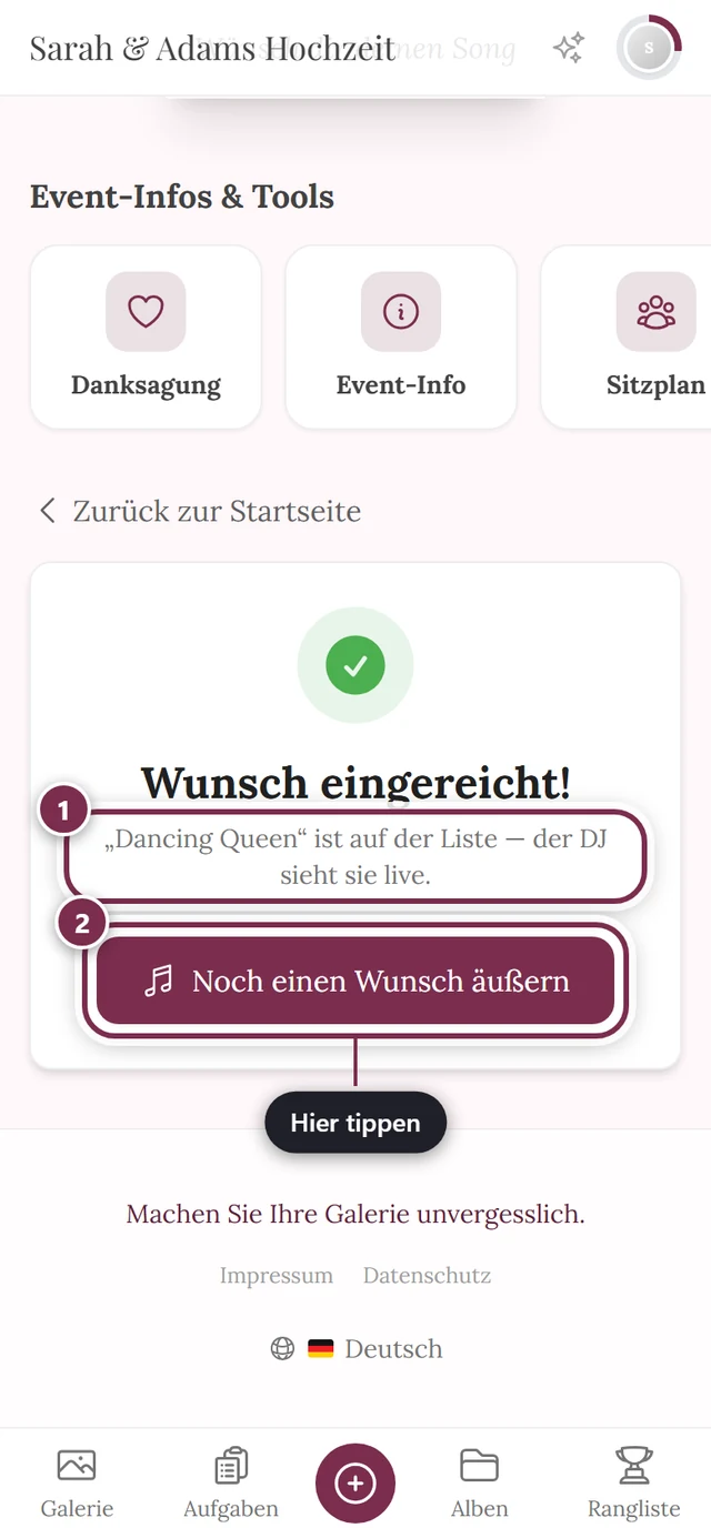 Bestätigung Wunsch eingereicht mit grünem Häkchen und dem Knopf Noch einen Wunsch äußern