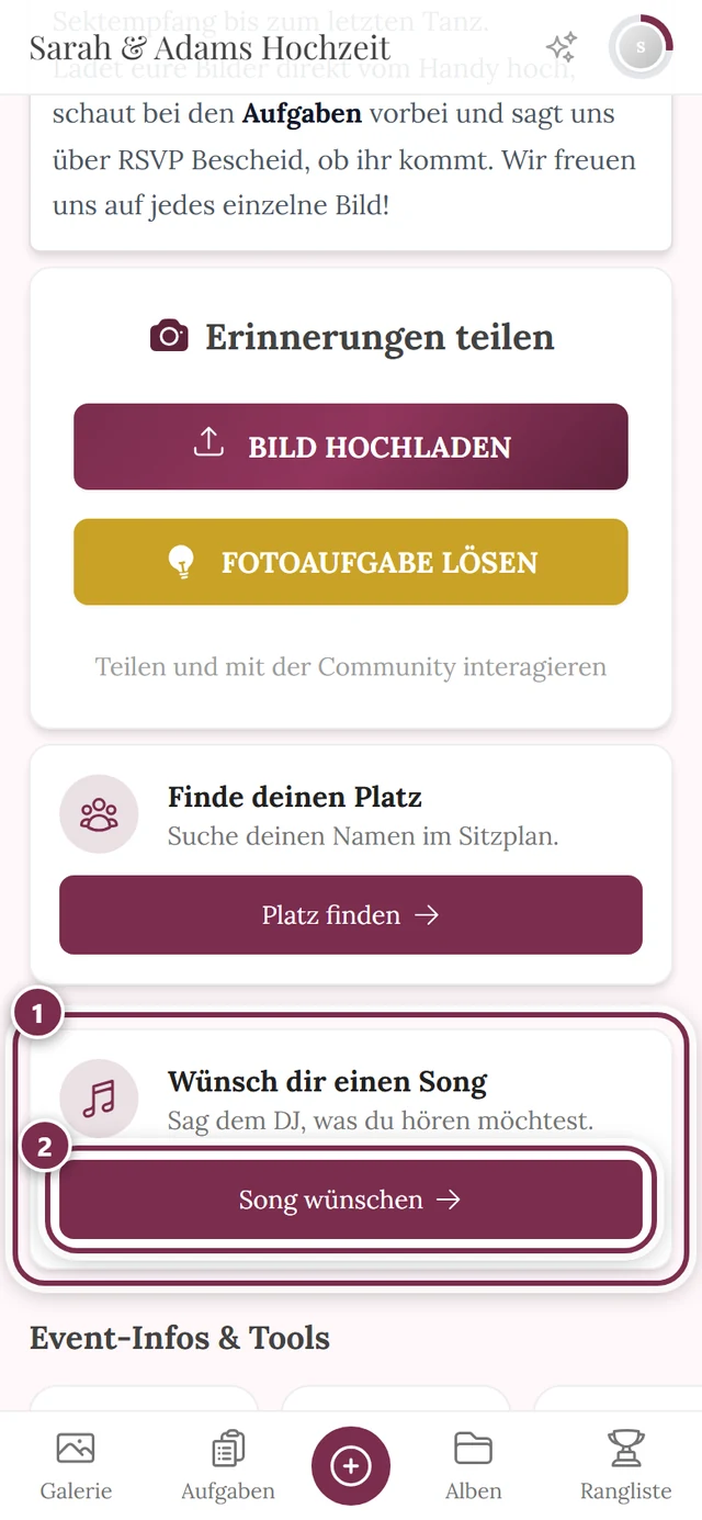 Startseite des Events mit der Karte Wünsch dir einen Song und dem Knopf Song wünschen