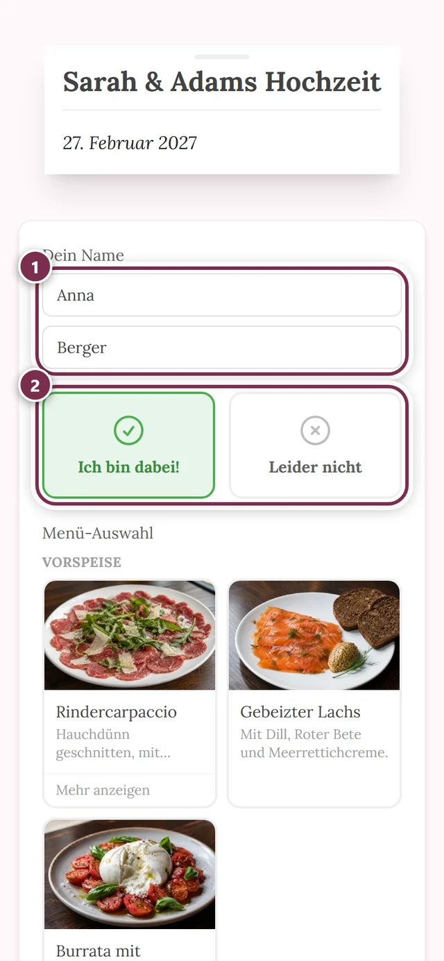 Klassische Ansicht ohne Assistent mit Namensfeldern, Zusage-Karten und dem Menü darunter