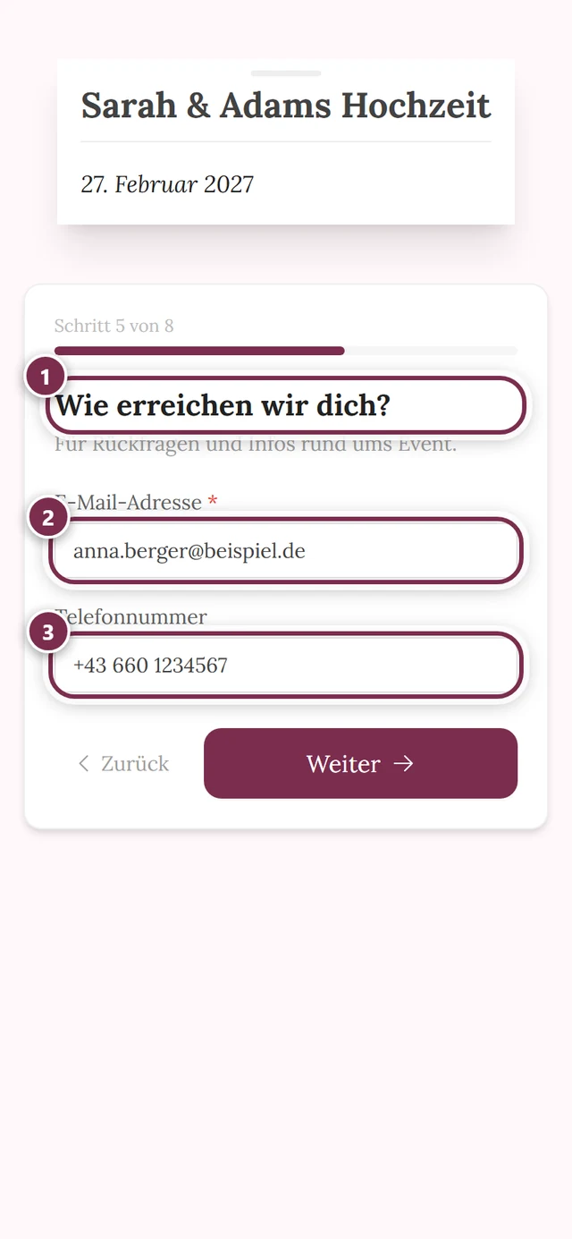 Schritt Wie erreichen wir dich mit einem Pflichtfeld für die E-Mail-Adresse und einem optionalen Telefonfeld